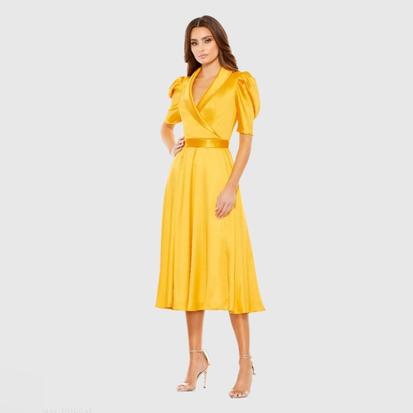 Mac Duggal Dresses & Skirts - Mac Duggal Yellow Puff Sleeve Midi Dress